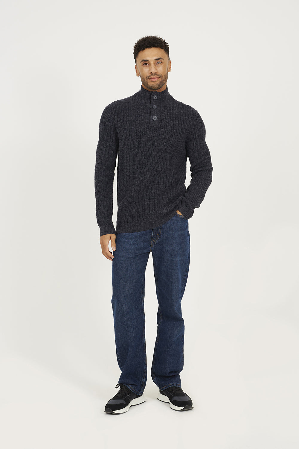 Brave Soul Navy Funnel Neck Jumper with Buttons - Navy Image 3