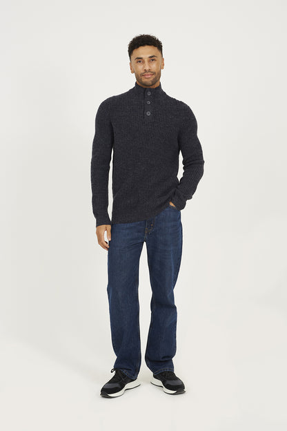 Brave Soul Navy Funnel Neck Jumper with Buttons - Navy Image 3