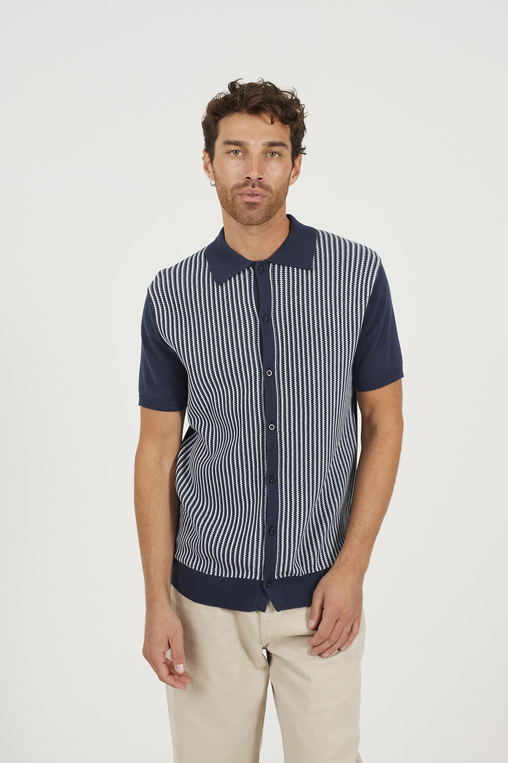 Brave Soul Navy Knitted Short Sleeve Shirt - Navy Image 1