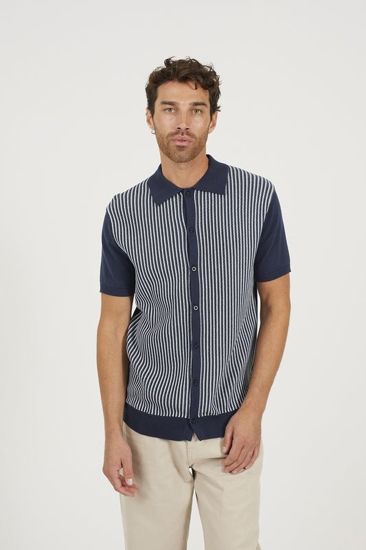 Brave Soul Navy Knitted Short Sleeve Shirt - Navy Image 1