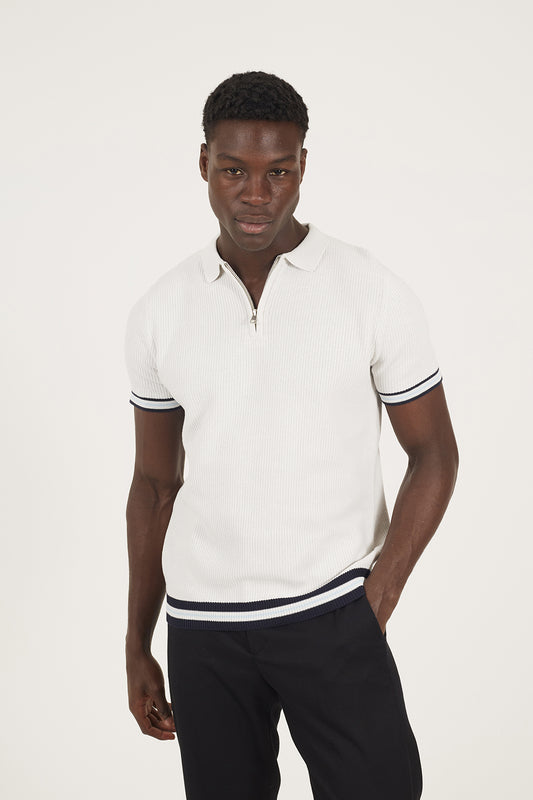 Brave Soul Natural Zip Neck Knitted Polo with Contract Trim - Natural Image 1