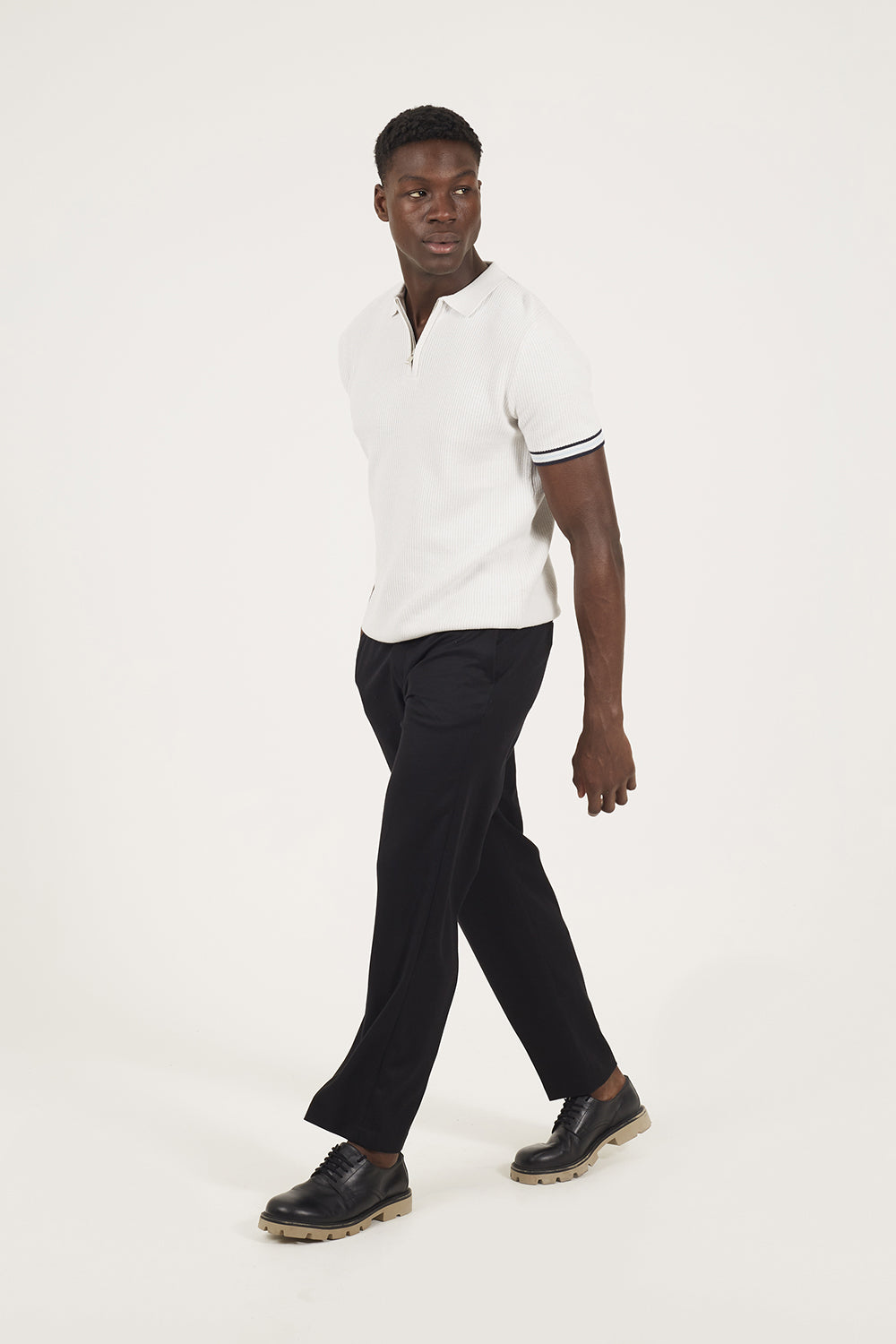 Brave Soul Natural Zip Neck Knitted Polo with Contract Trim - Natural Image 3