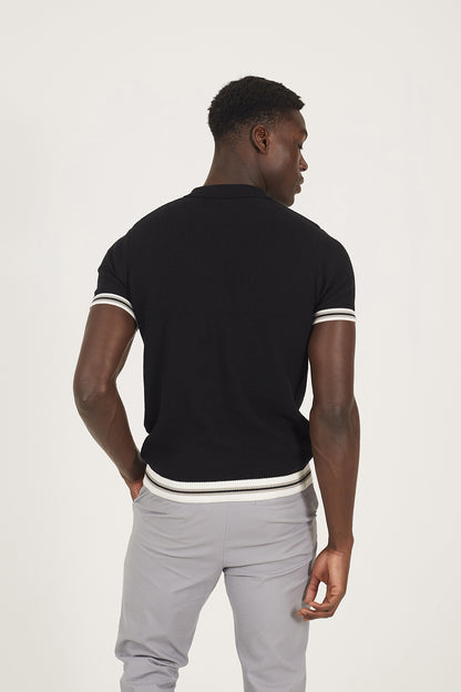 Brave Soul Black Zip Neck Knitted Polo with Contract Trim - Black Image 2