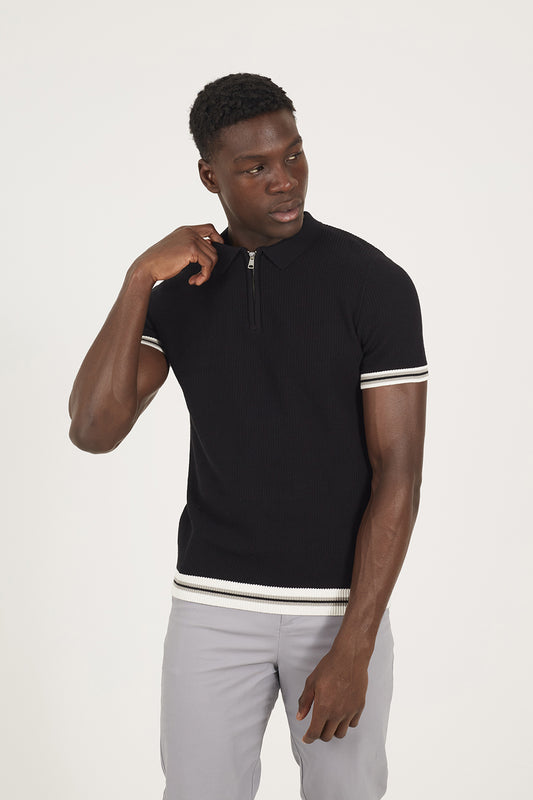 Brave Soul Black Zip Neck Knitted Polo with Contract Trim - Black Image 1