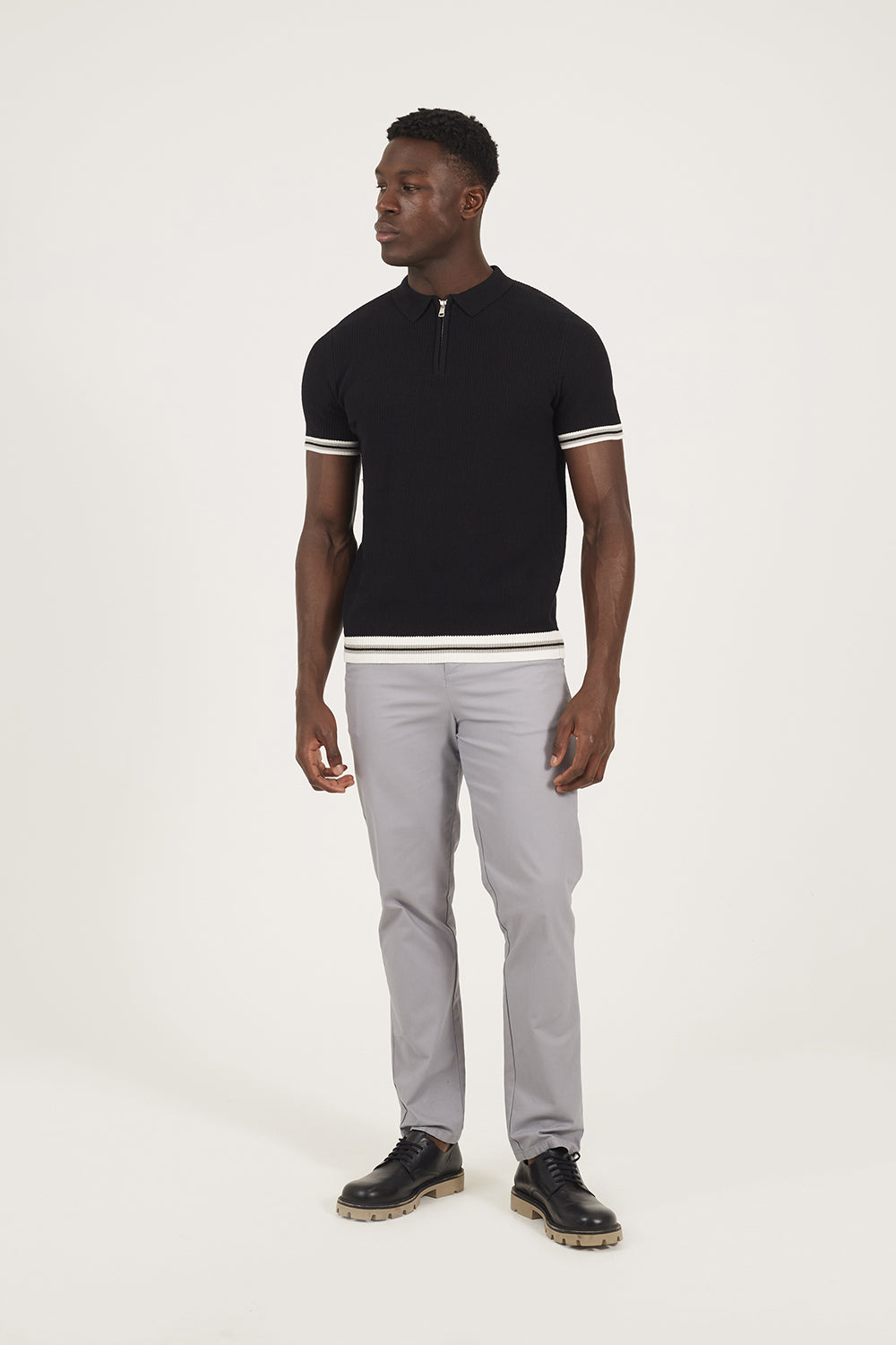 Brave Soul Black Zip Neck Knitted Polo with Contract Trim - Black Image 3