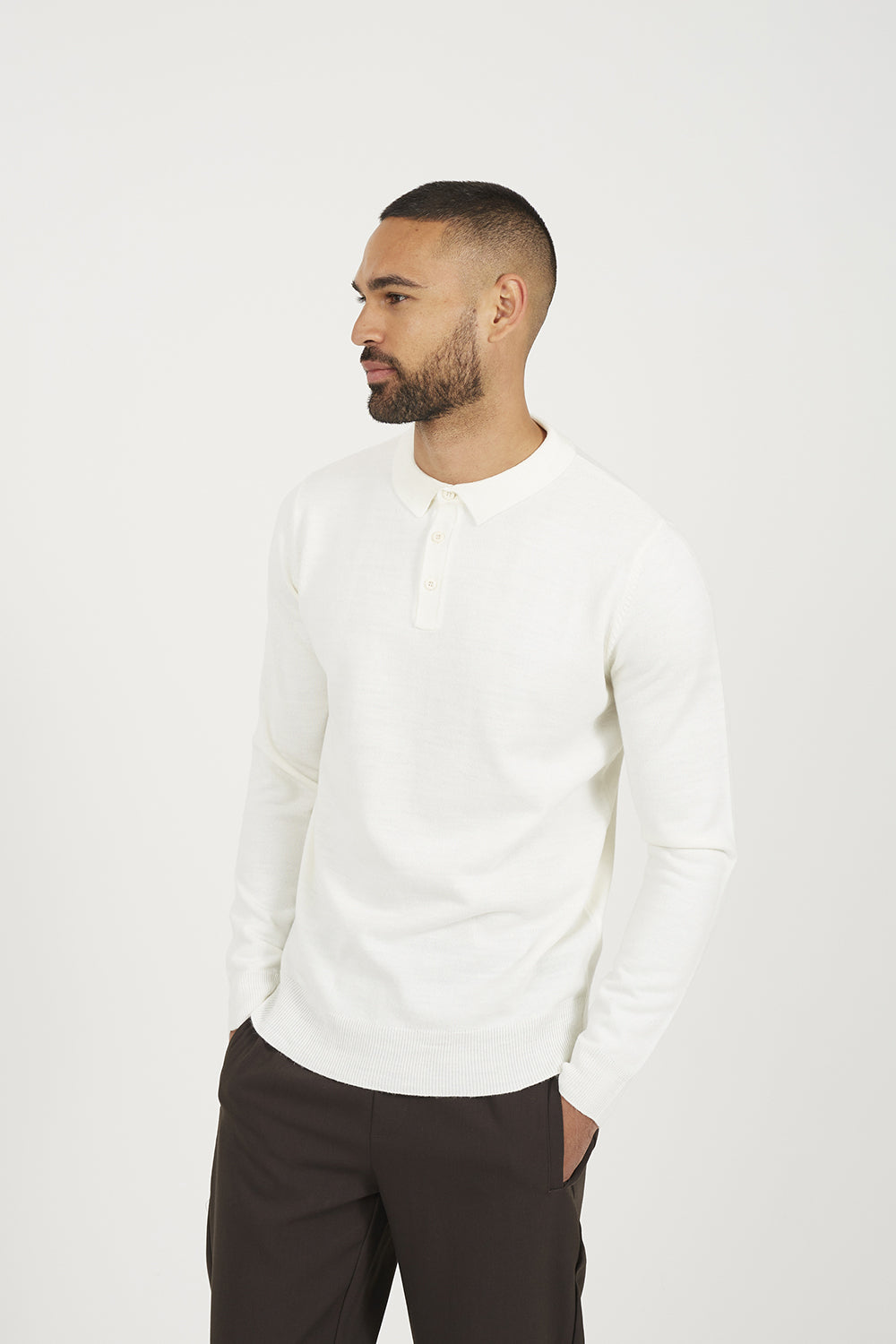 Brave Soul Off White Long Sleeve Knitted Polo - Off White Image 1