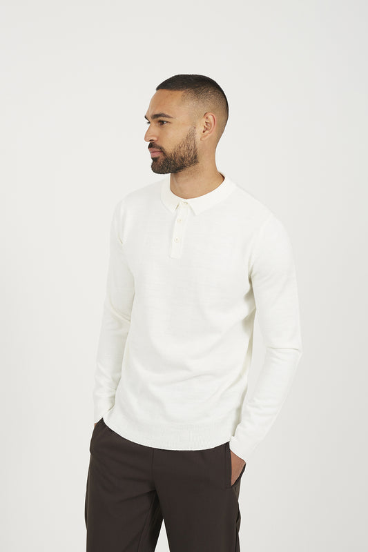 Brave Soul Off White Long Sleeve Knitted Polo - Off White Image 1