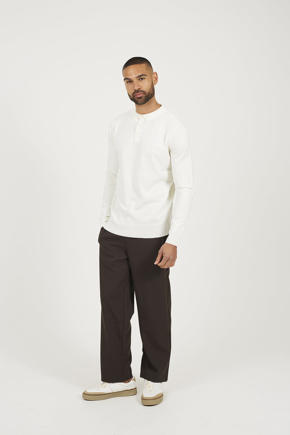 Brave Soul Off White Long Sleeve Knitted Polo - Off White Image 3