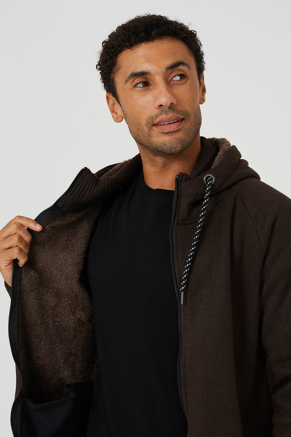 Brave Soul Chocolate High Neck Zip Through Hoodie - Chocolate Image 4