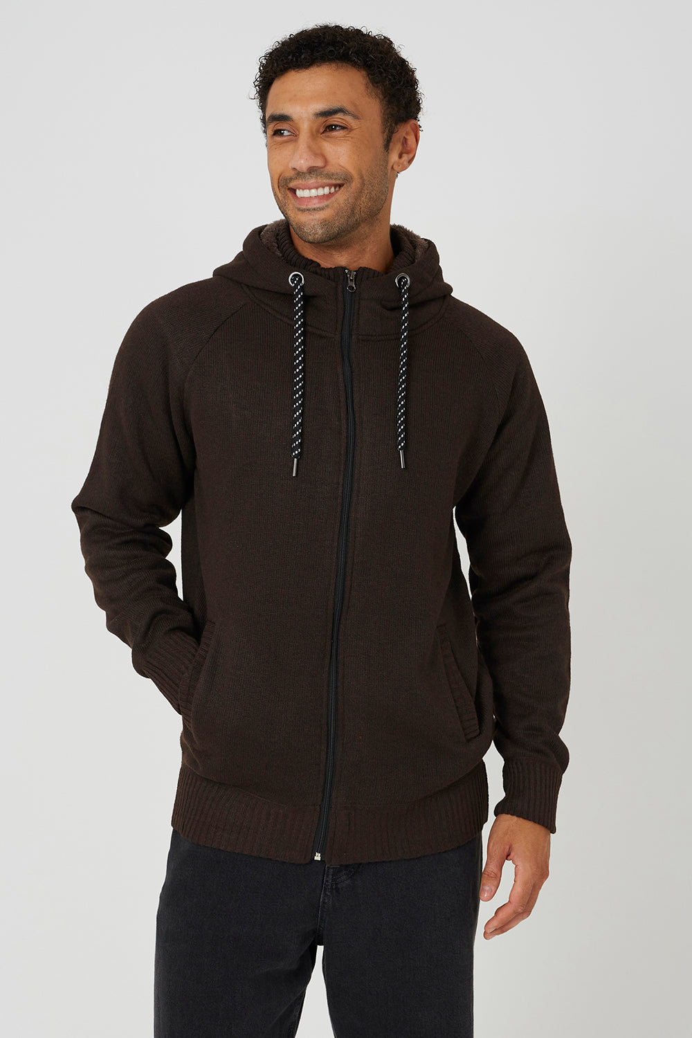Brave Soul Chocolate High Neck Zip Through Hoodie - Chocolate Image 1