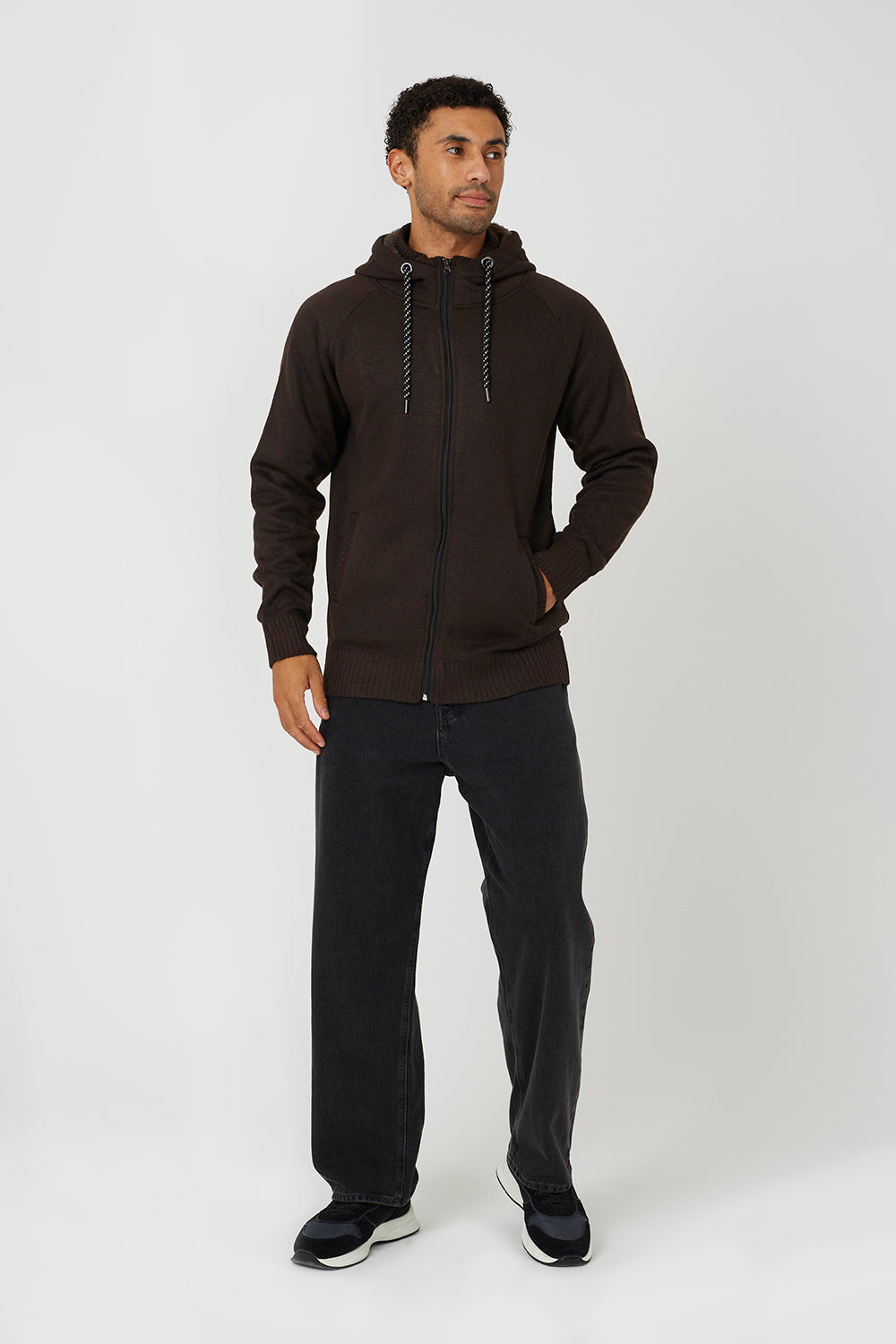 Brave Soul Chocolate High Neck Zip Through Hoodie - Chocolate Image 3