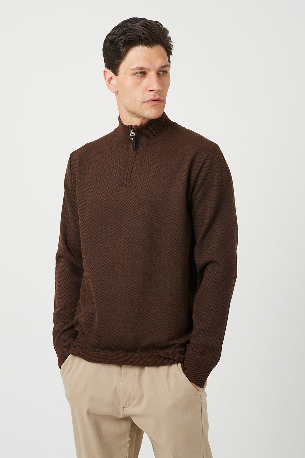Brave Soul Chocolate Quarter Zip Knitted Jumper - Chocolate Image 1