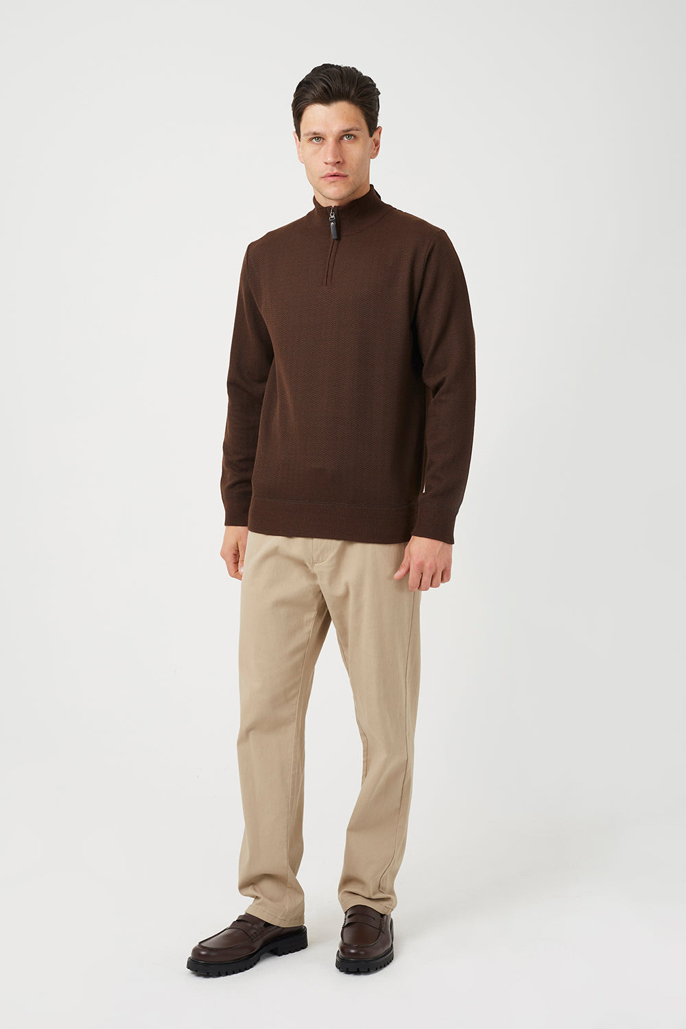Brave Soul Chocolate Quarter Zip Knitted Jumper - Chocolate Image 3