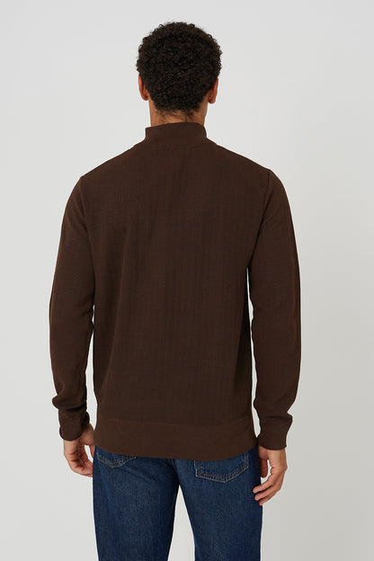 Brave Soul Chocolate Funnel Neck Quarter Zip Knitted Jumper - Chocolate Image 2