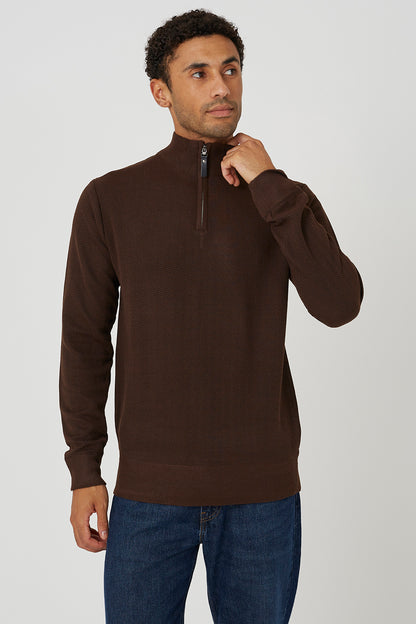 Brave Soul Chocolate Funnel Neck Quarter Zip Knitted Jumper - Chocolate Image 1