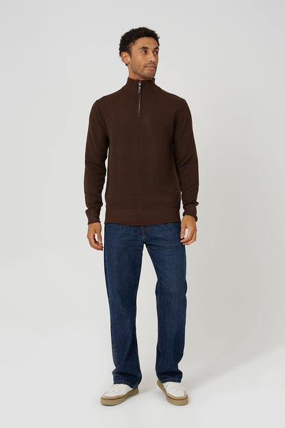 Brave Soul Chocolate Funnel Neck Quarter Zip Knitted Jumper - Chocolate Image 3