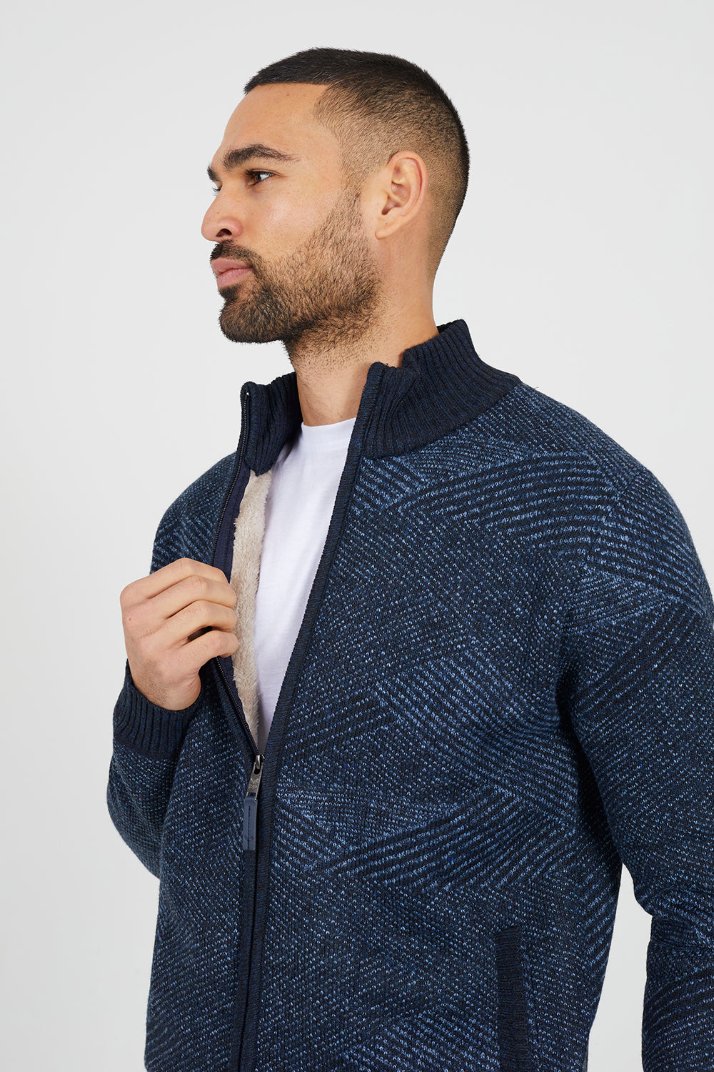 Brave Soul Navy Funnel Neck Zip Through Knitted Jumper - Navy Image 4