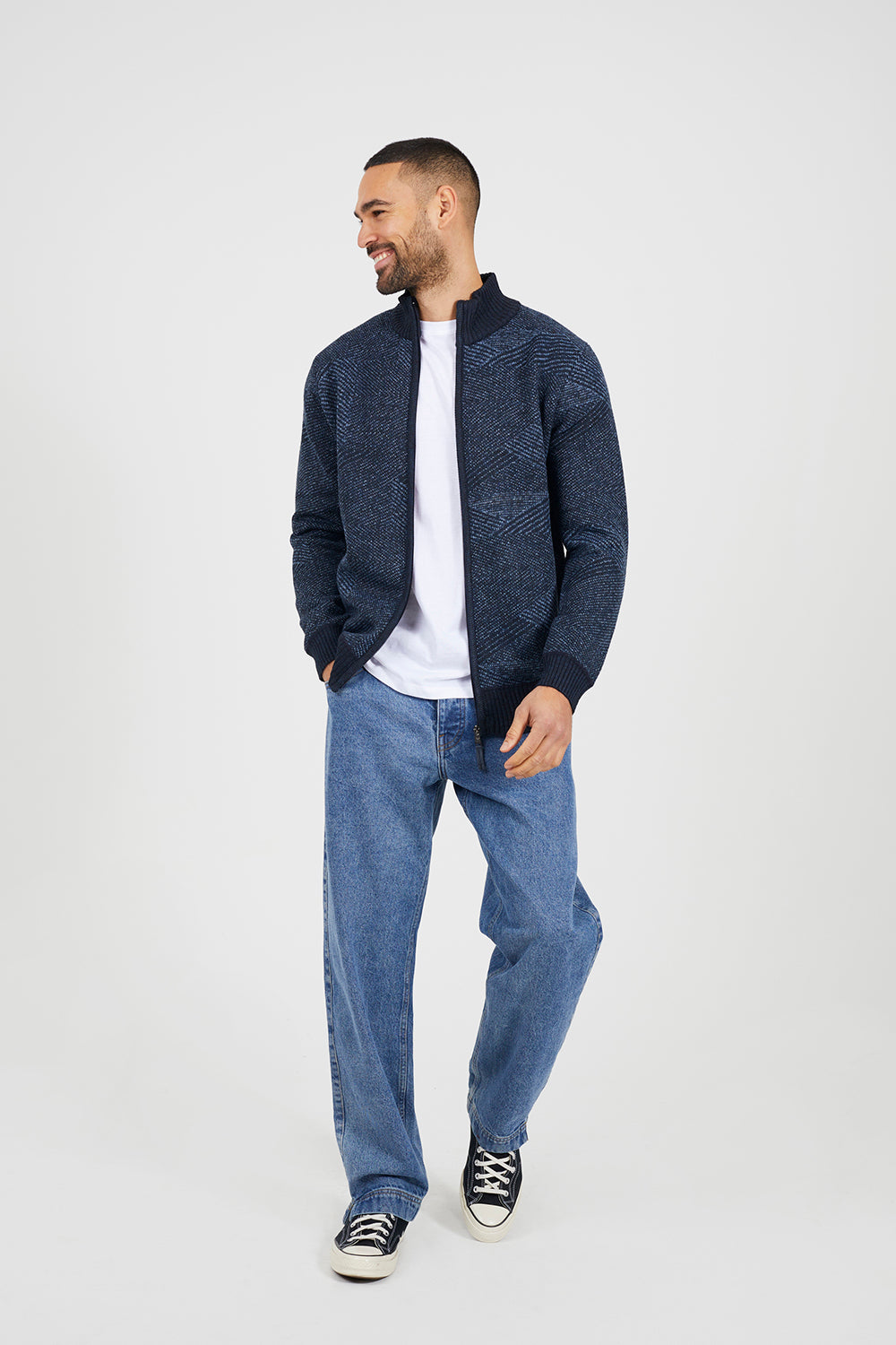 Brave Soul Navy Funnel Neck Zip Through Knitted Jumper - Navy Image 3