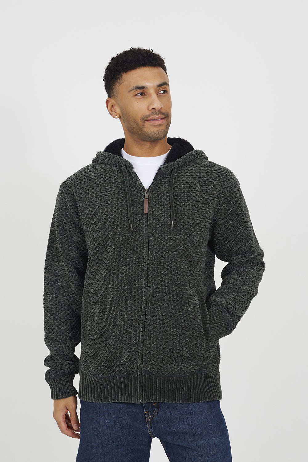 Brave Soul Khaki Full Zip Chenille Hoodie - Khaki Image 1
