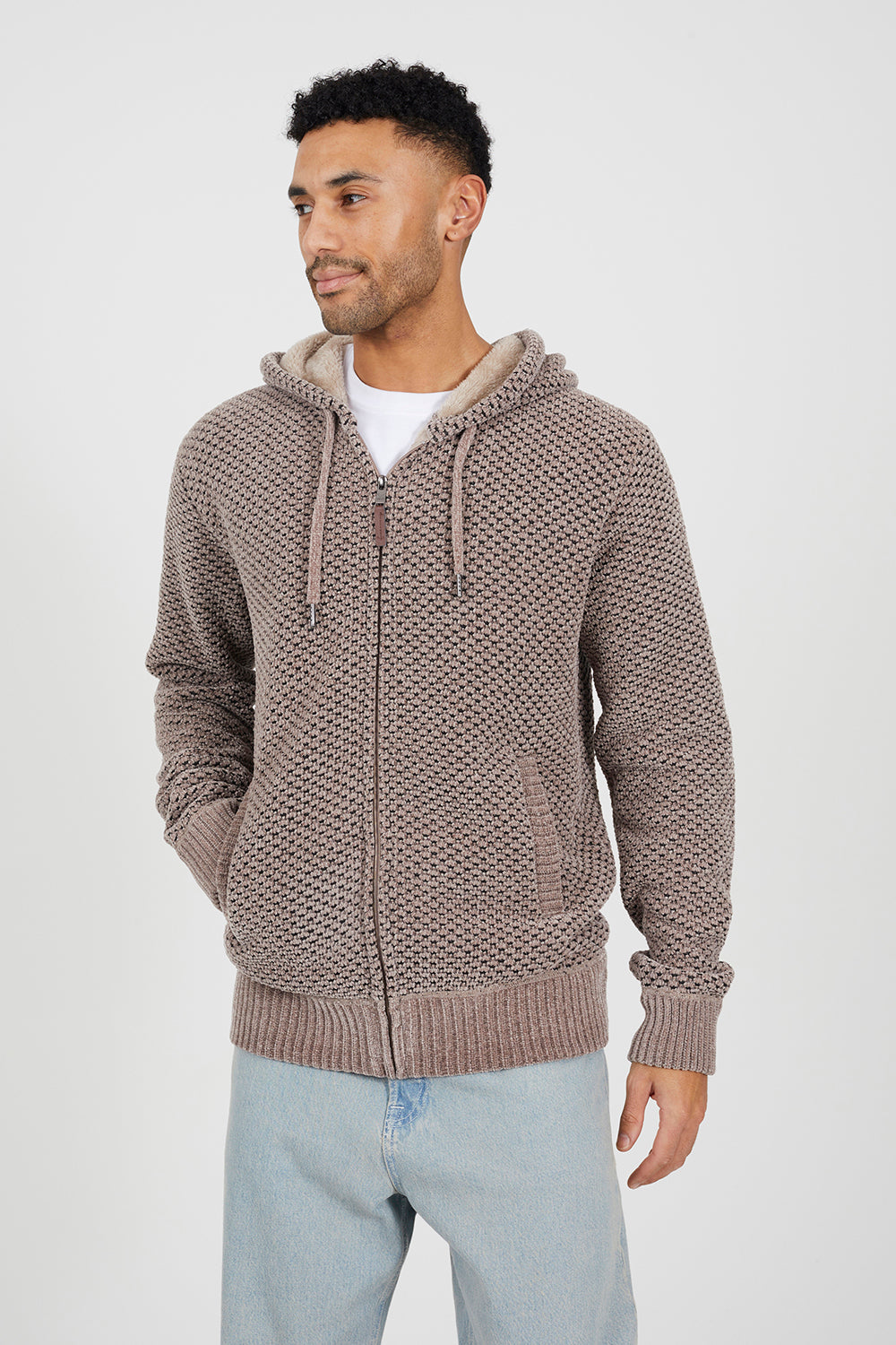 Brave Soul Beige Full Zip Chenille Hoodie - Beige Image 1