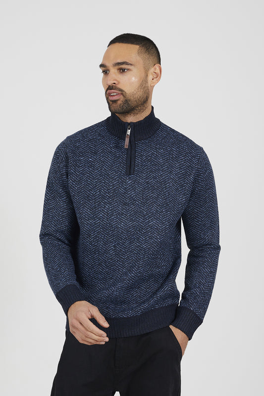 Brave Soul Navy Chevron Knit Funnel Neck Jumper - Navy Image 1