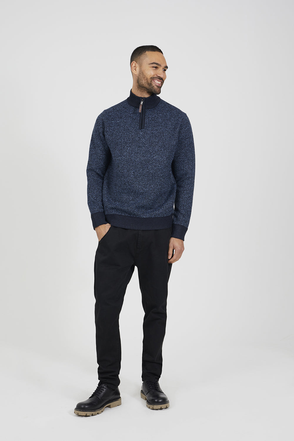 Brave Soul Navy Chevron Knit Funnel Neck Jumper - Navy Image 3
