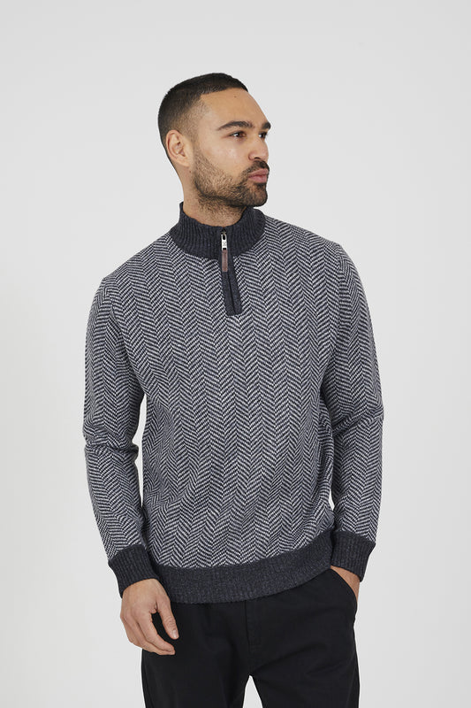 Brave Soul Grey Chevron Knit Funnel Neck Jumper - Grey Image 1