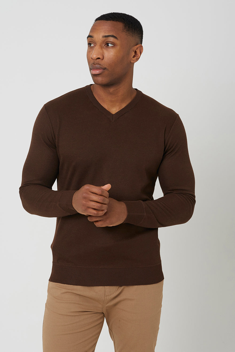 Brave Soul Chocolate V-Neck Slim Fit Jumper - Chocolate Image 1