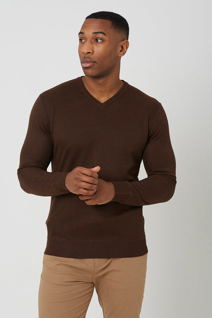 Brave Soul Chocolate V-Neck Slim Fit Jumper - Chocolate Image 1