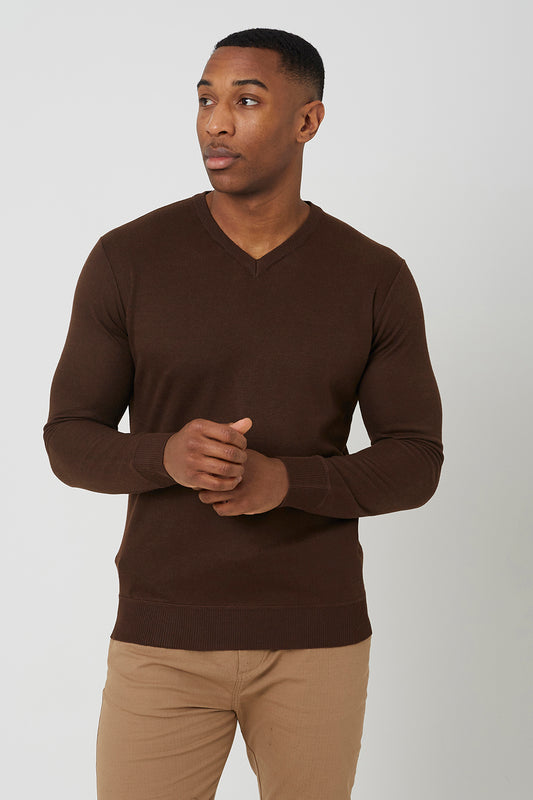 Brave Soul Chocolate V-Neck Slim Fit Jumper - Chocolate Image 1