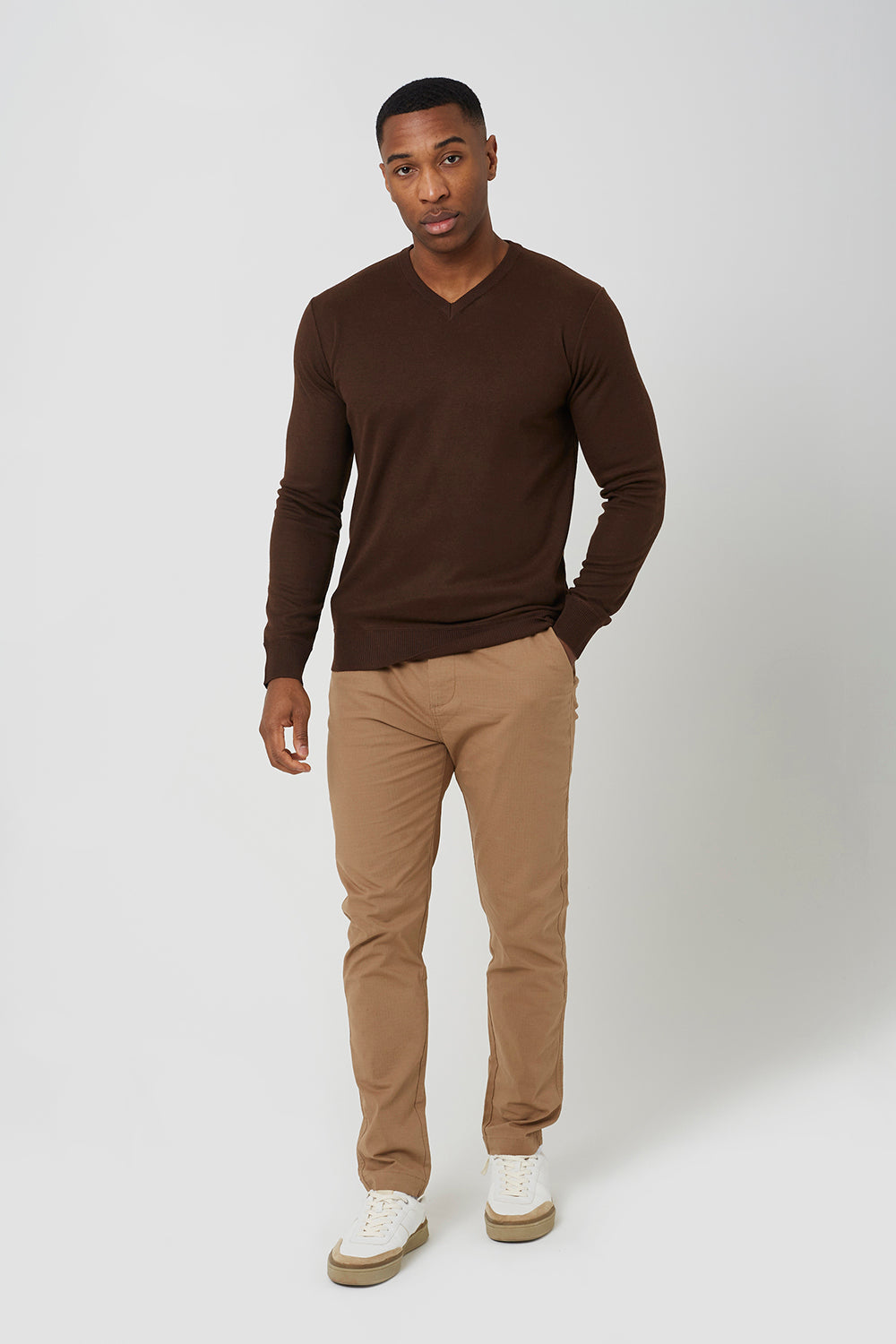 Brave Soul Chocolate V-Neck Slim Fit Jumper - Chocolate Image 3