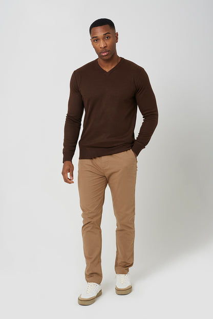 Brave Soul Chocolate V-Neck Slim Fit Jumper - Chocolate Image 3