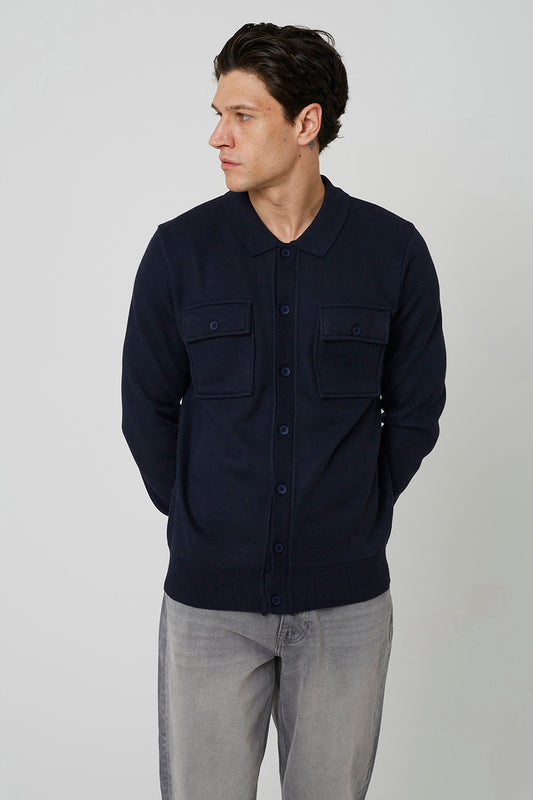 Brave Soul Dark Navy Long Sleeve Knitted Shirt - Dark Navy Image 1