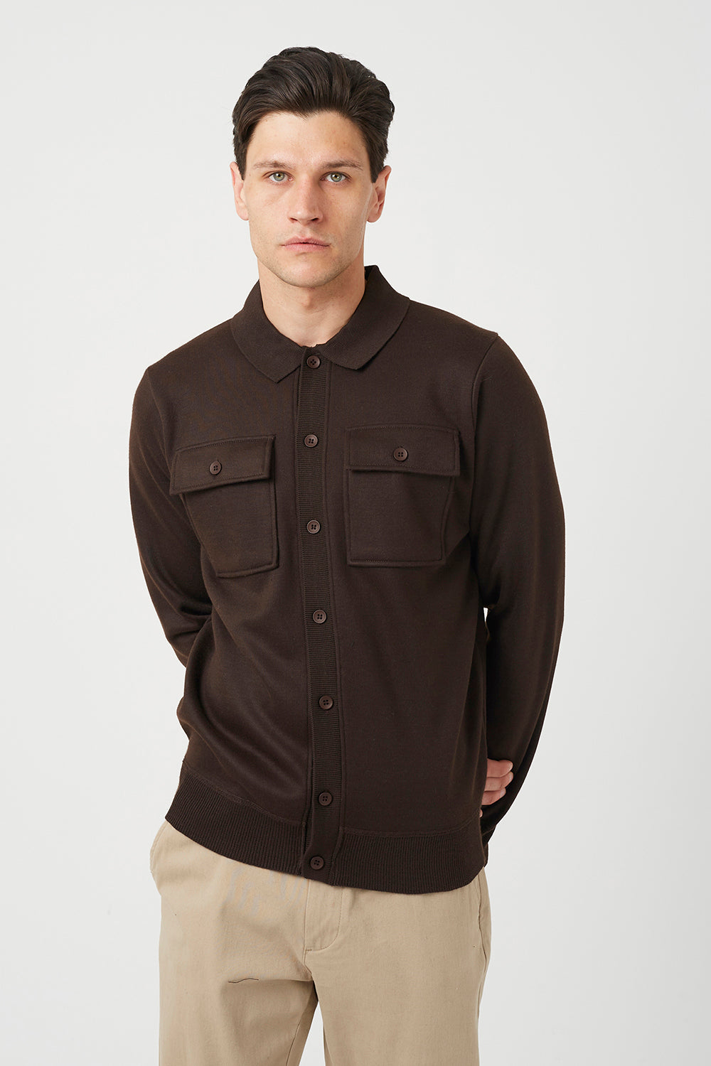 Brave Soul Chocolate Long Sleeve Knitted Shirt - Chocolate Image 1