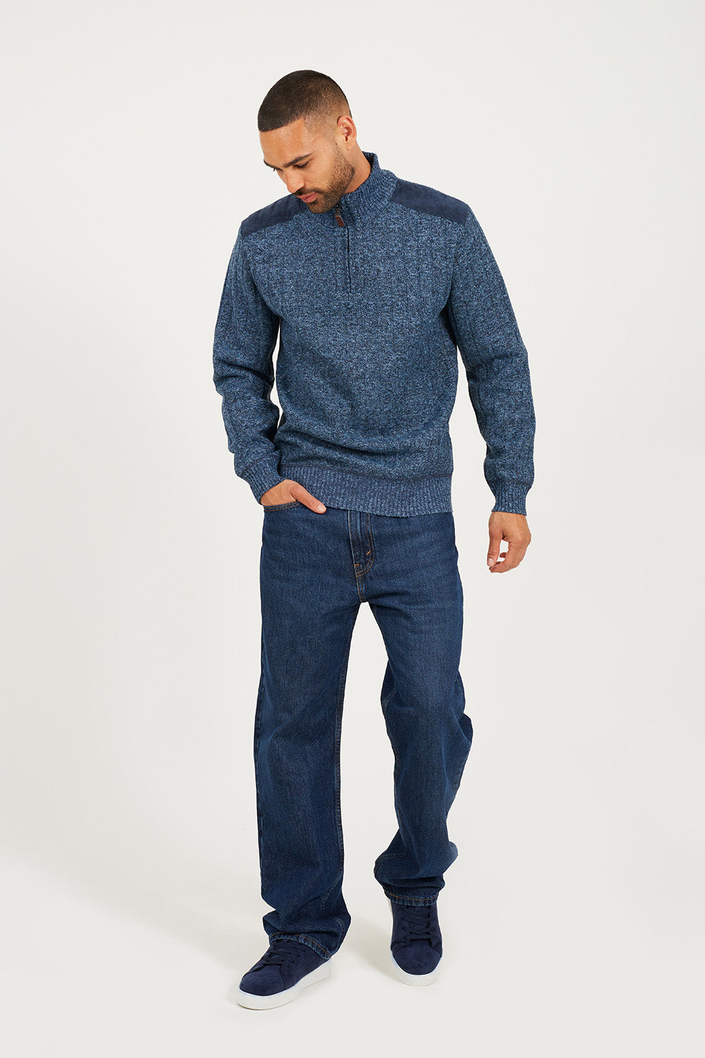 Brave Soul Navy Quarter Zip Funnel Neck Jumper - Navy Image 3