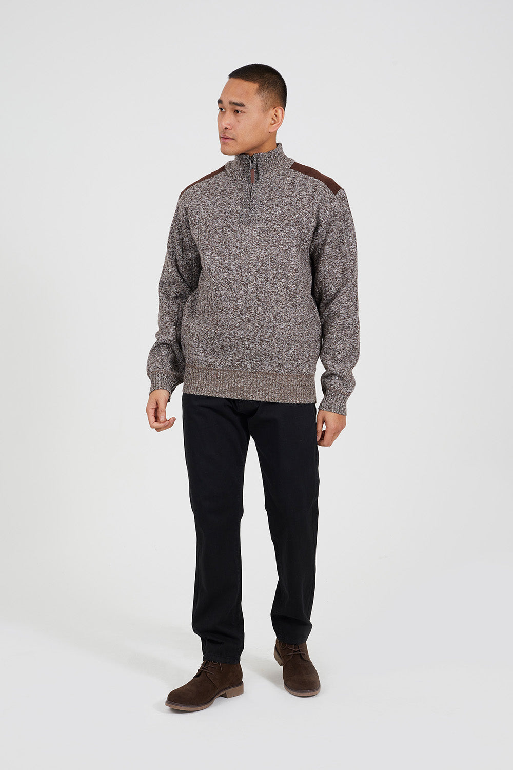 Brave Soul Brown Quarter Zip Funnel Neck Jumper - Brown Image 3