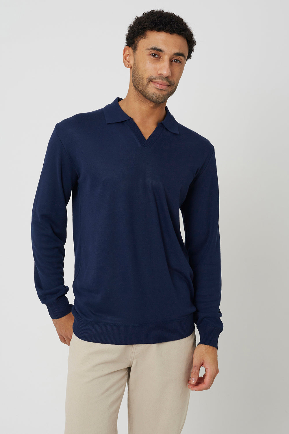 Brave Soul Dark Navy Trophy Neck Long Sleeve Knitted Polo Shirt - Dark Navy Image 1