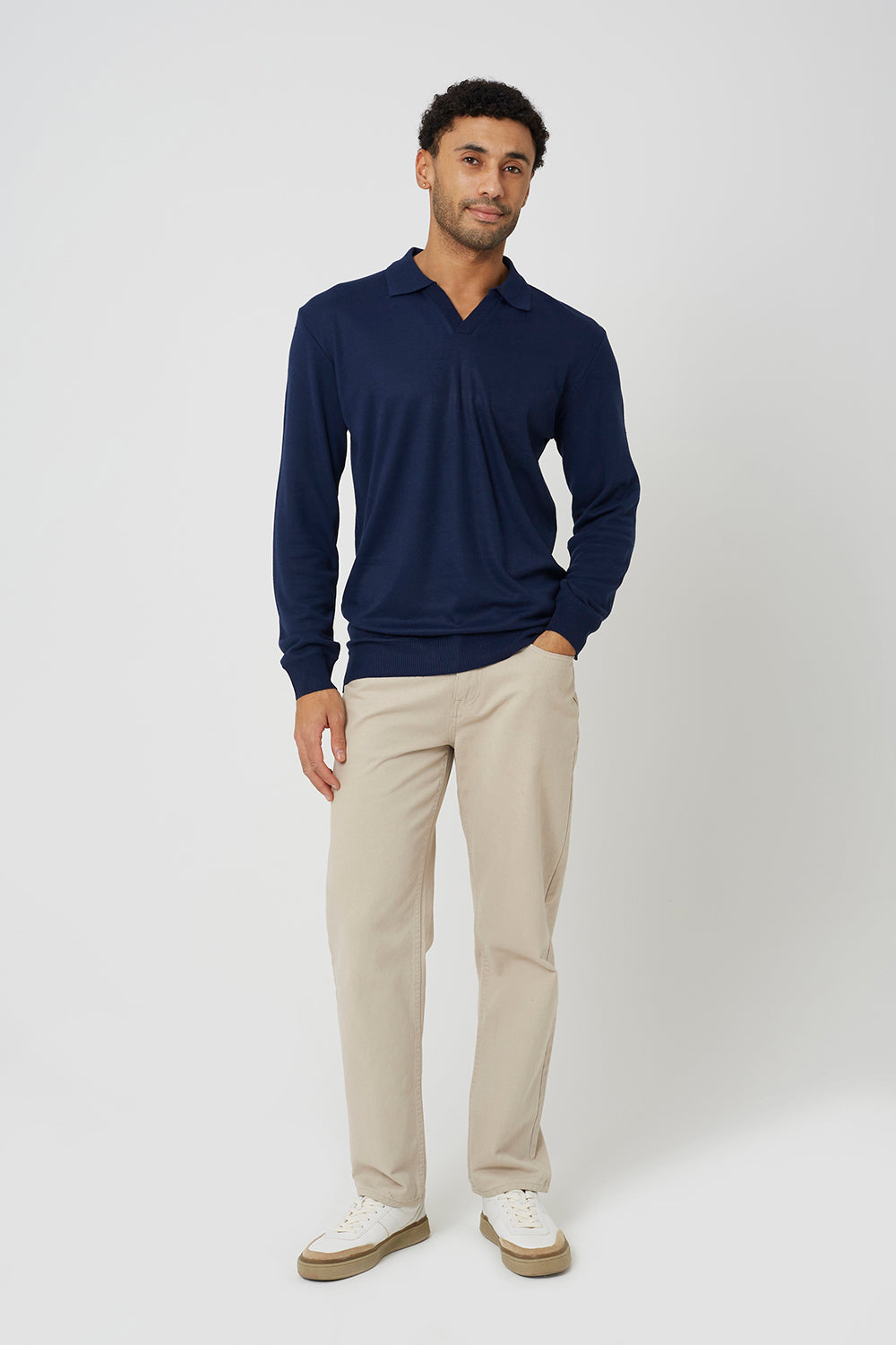 Brave Soul Dark Navy Trophy Neck Long Sleeve Knitted Polo Shirt - Dark Navy Image 2