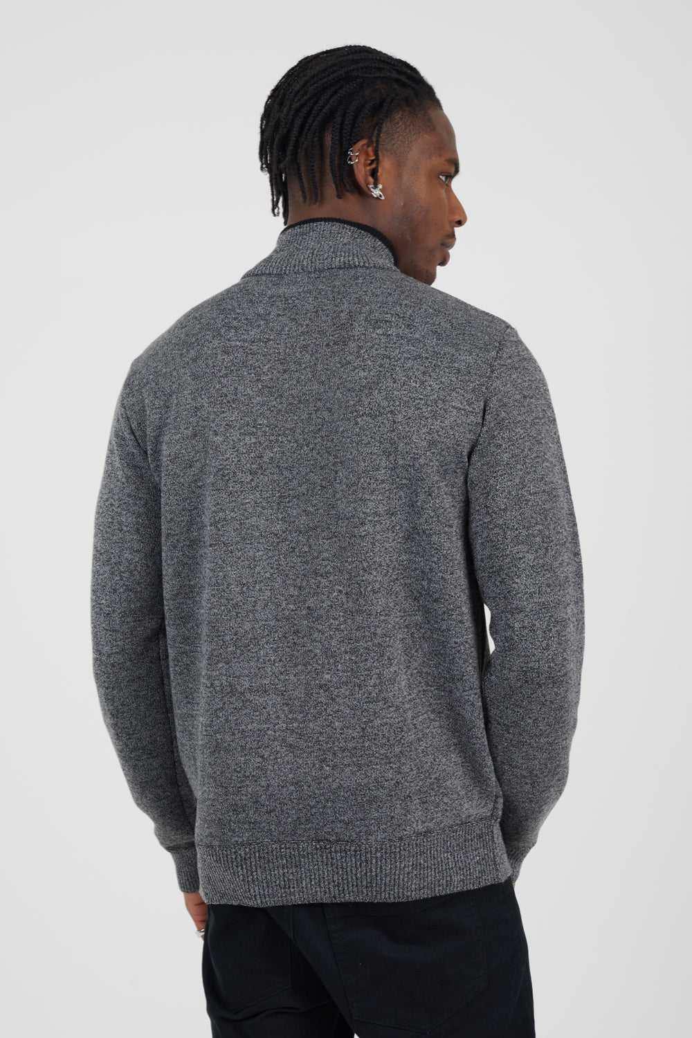 Brave Soul Black Quarter Zip Funnel Neck Rib Knit Jumper with Stripe Detail - Black Image 2