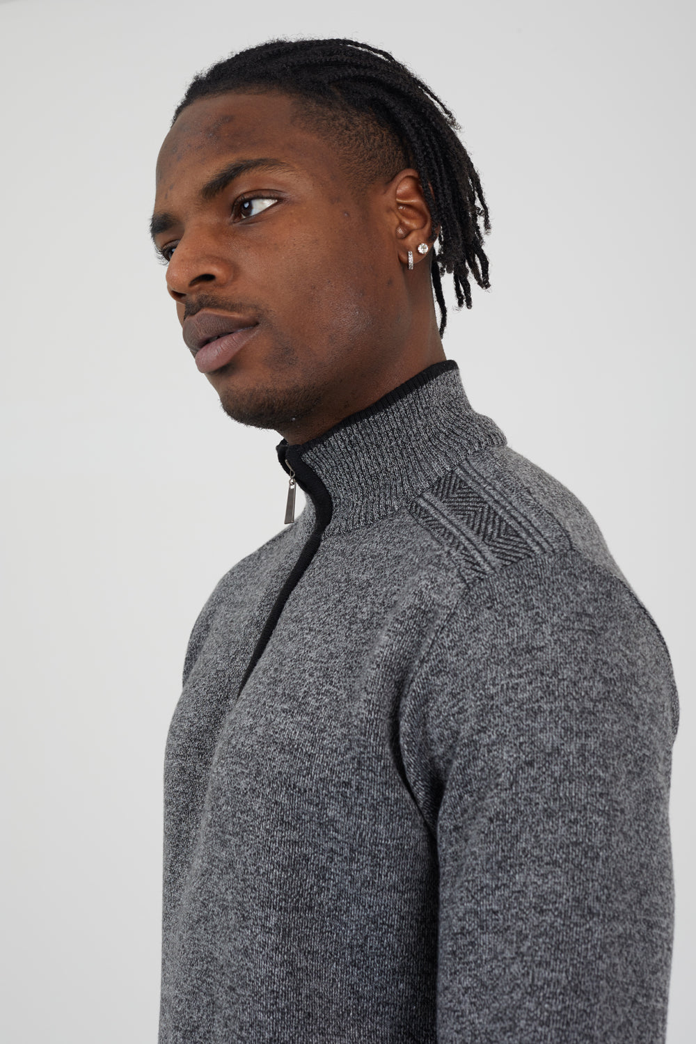Brave Soul Black Quarter Zip Funnel Neck Rib Knit Jumper with Stripe Detail - Black Image 4