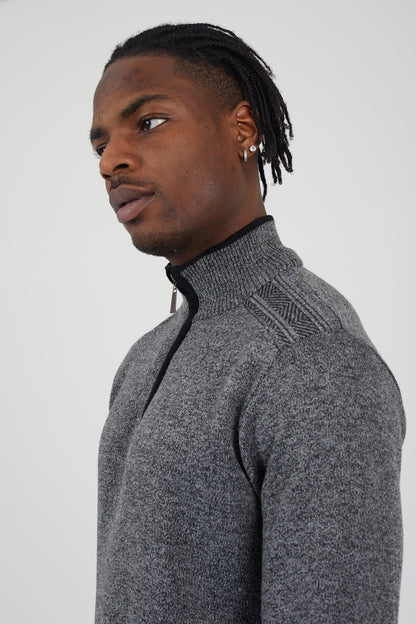 Brave Soul Black Quarter Zip Funnel Neck Rib Knit Jumper with Stripe Detail - Black Image 4