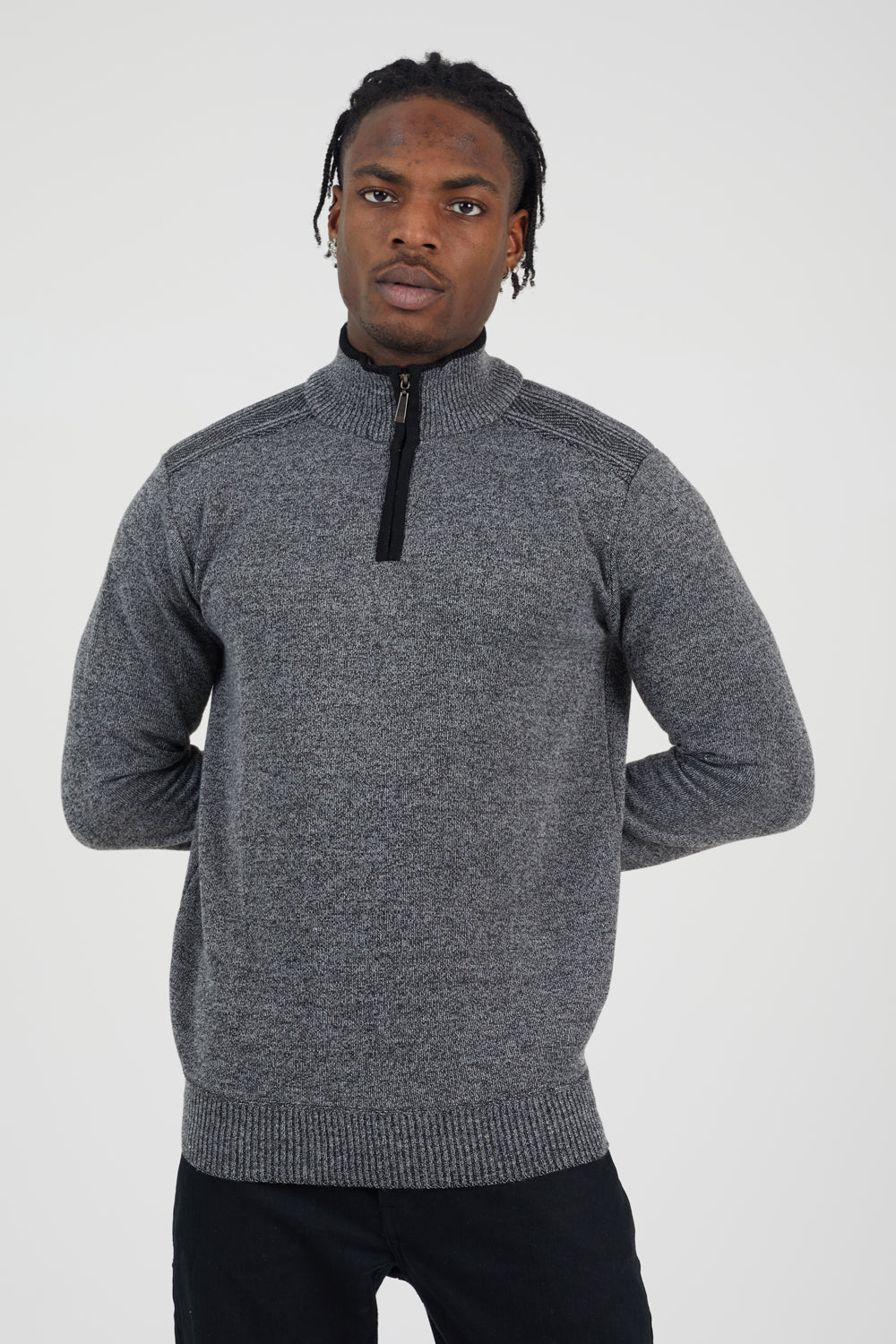 Brave Soul Black Quarter Zip Funnel Neck Rib Knit Jumper with Stripe Detail - Black Image 1