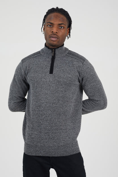 Brave Soul Black Quarter Zip Funnel Neck Rib Knit Jumper with Stripe Detail - Black Image 1