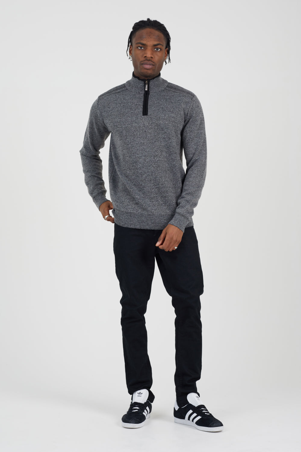 Brave Soul Black Quarter Zip Funnel Neck Rib Knit Jumper with Stripe Detail - Black Image 3