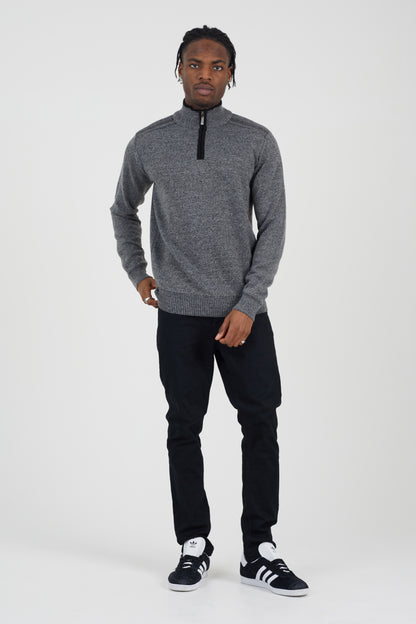 Brave Soul Black Quarter Zip Funnel Neck Rib Knit Jumper with Stripe Detail - Black Image 3