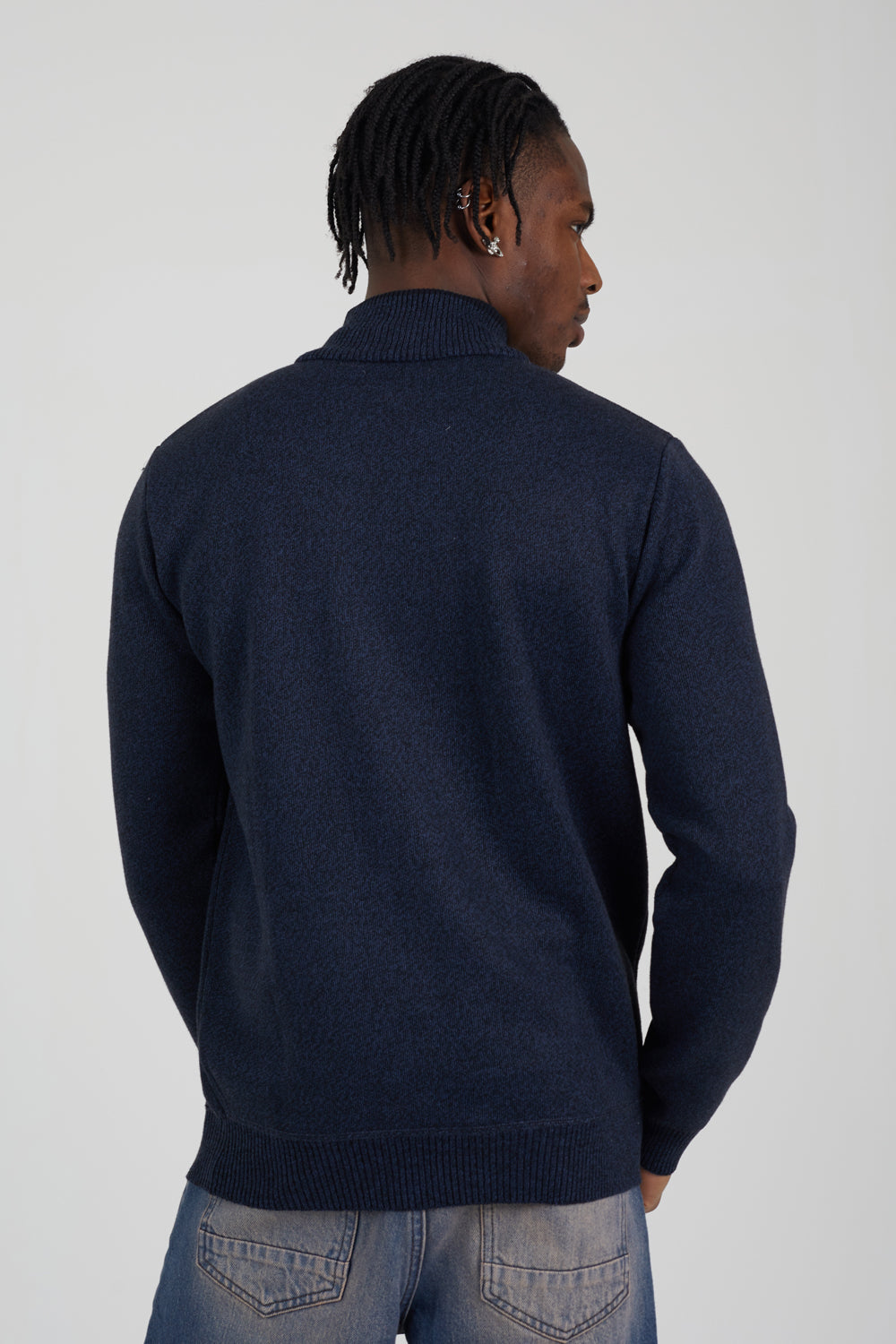 Brave Soul Navy Quarter Zip Funnel Neck Rib Knit Jumper with Stripe Detail - Navy Image 2
