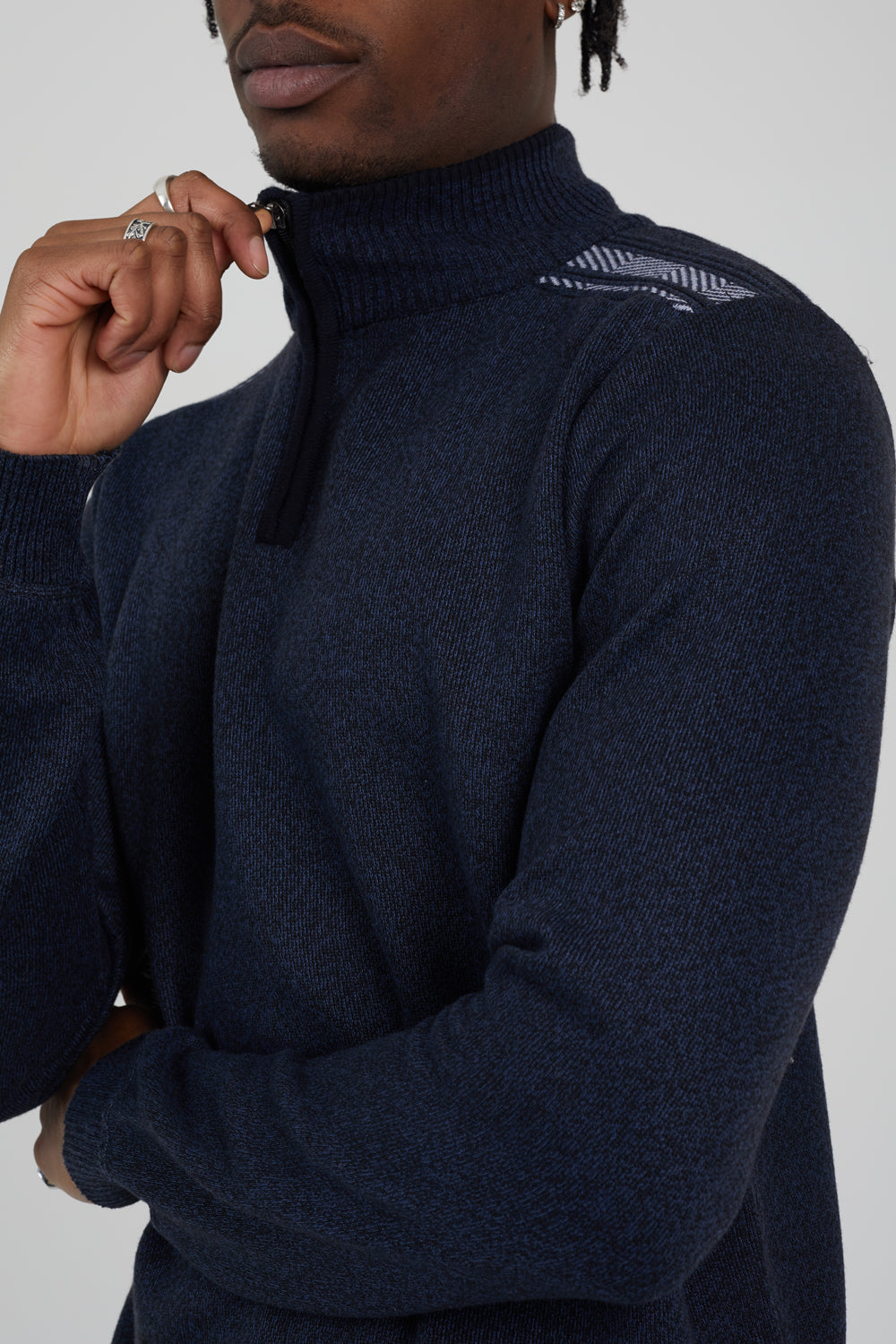 Brave Soul Navy Quarter Zip Funnel Neck Rib Knit Jumper with Stripe Detail - Navy Image 4
