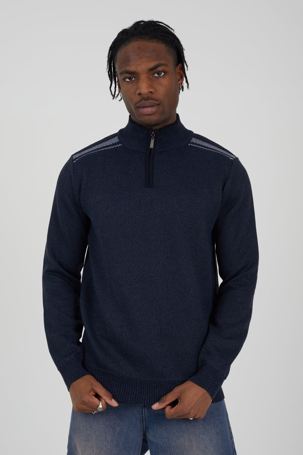 Brave Soul Navy Quarter Zip Funnel Neck Rib Knit Jumper with Stripe Detail - Navy Image 1