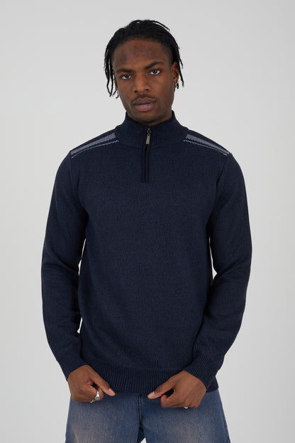 Brave Soul Navy Quarter Zip Funnel Neck Rib Knit Jumper with Stripe Detail - Navy Image 1