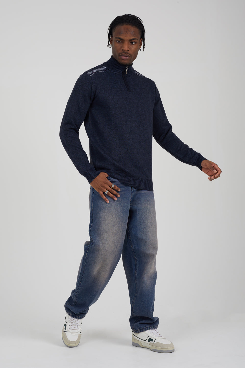 Brave Soul Navy Quarter Zip Funnel Neck Rib Knit Jumper with Stripe Detail - Navy Image 3